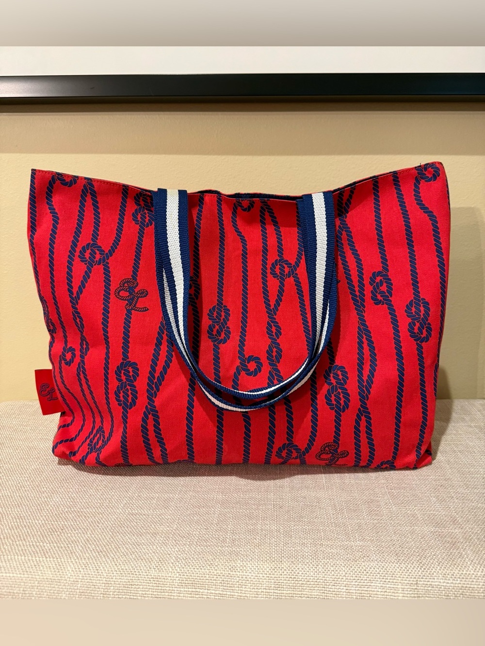 Estée Lauder Red Blue Rope Print Canvas Tote Bag Nautical Beach Weekender